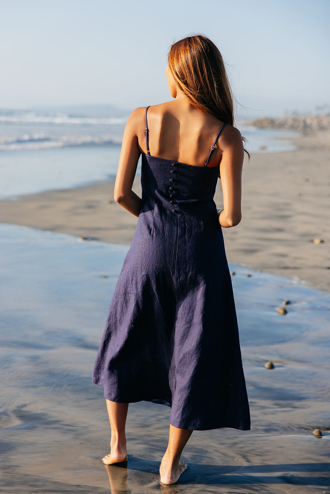 High end navy linen maxi dress with button back and adjustable straps