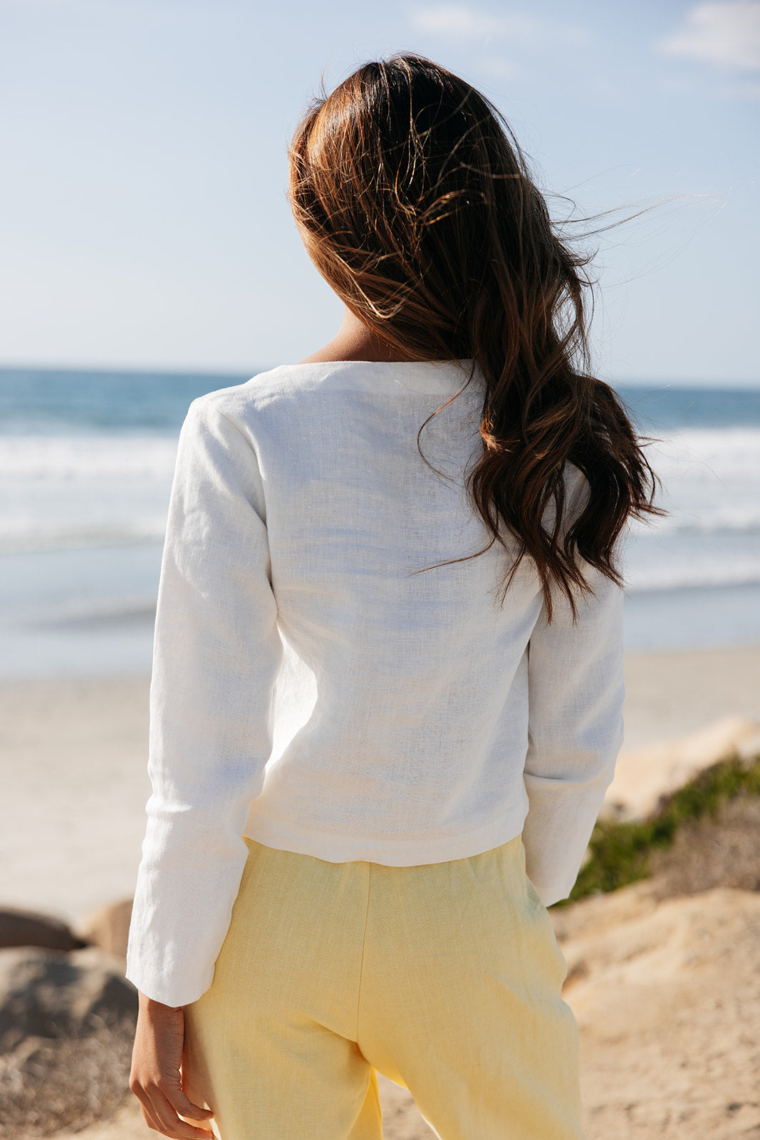 High end white linen button cardigan