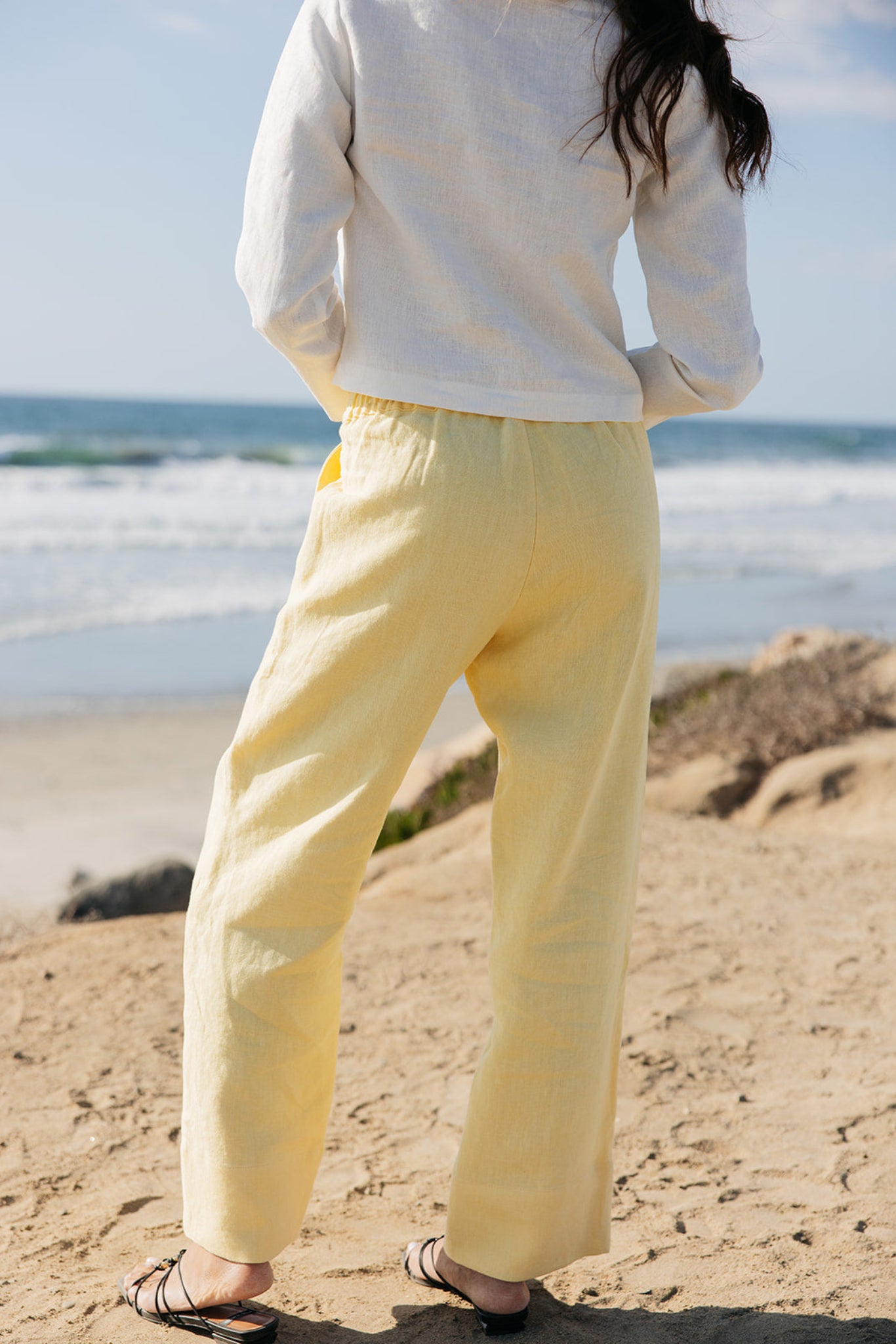 Back view of Lauren Linen Pants in yellow | Non-toxic dyes on fabric