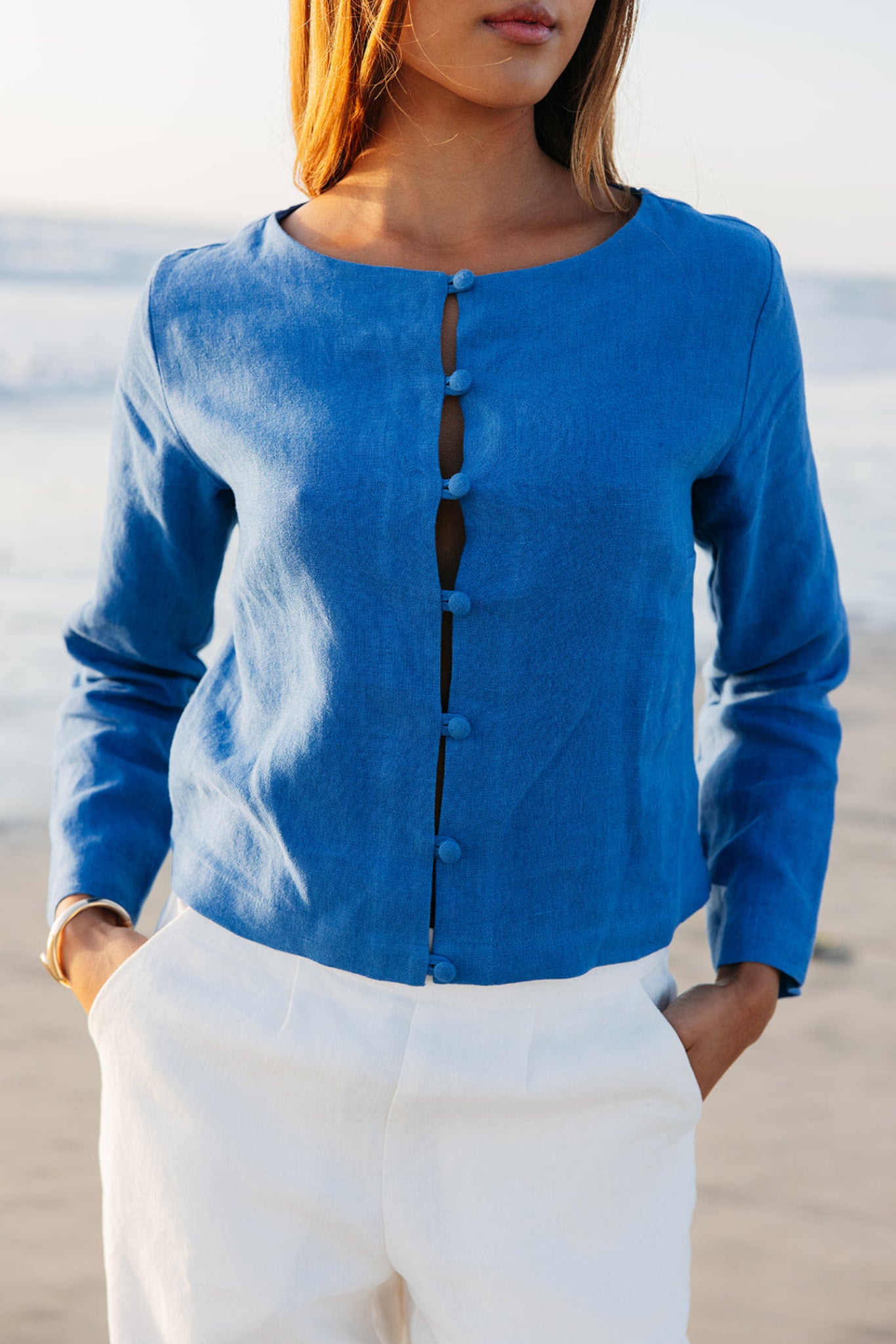 Close-up of linen texture on Bessette Linen Button Cardigan | Relaxed fit and linen button closure