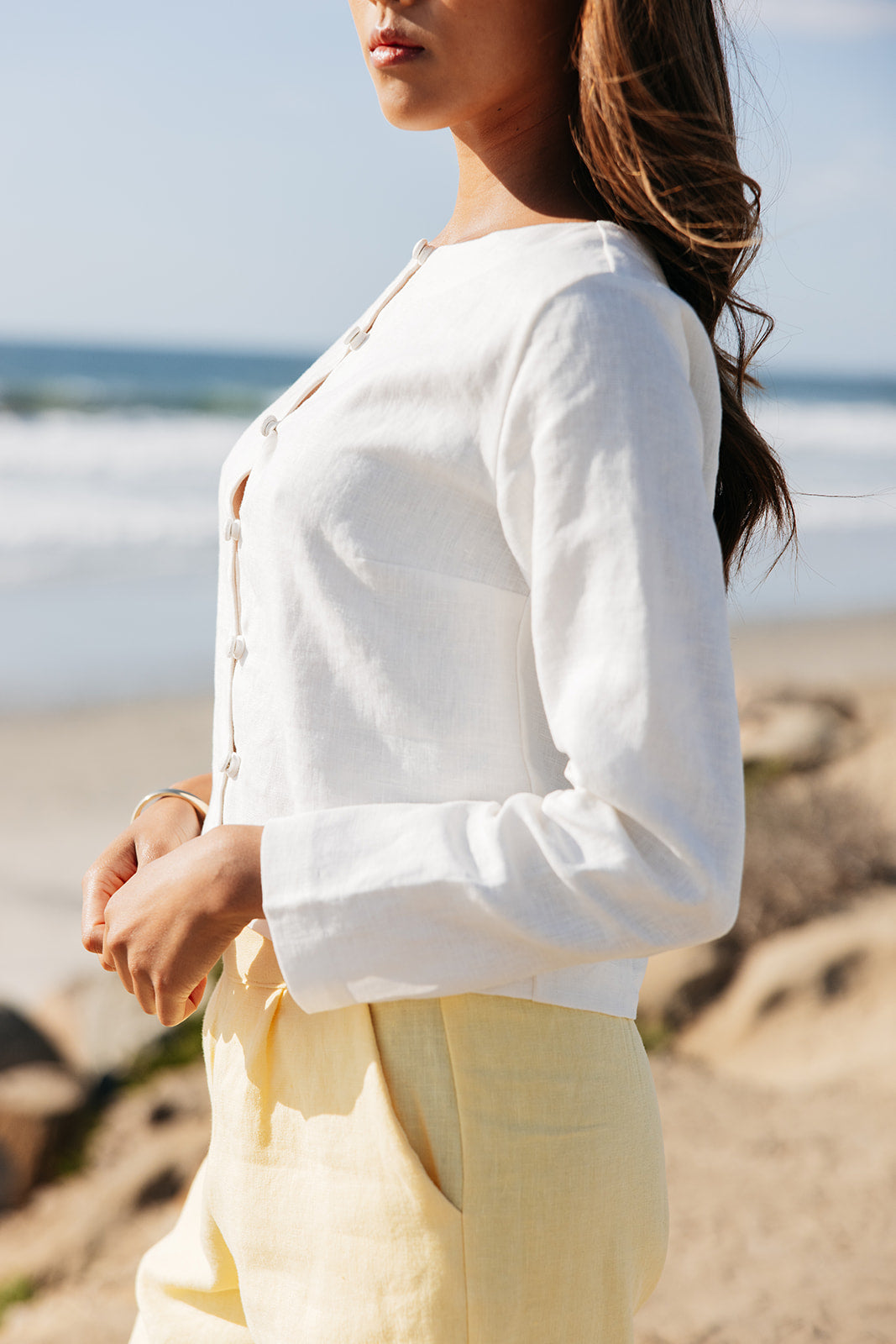 High end white linen button cardigan