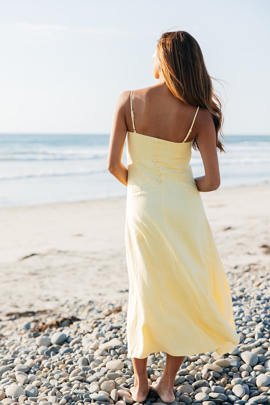 High end yellow linen maxi dress with adjustable straps and button back