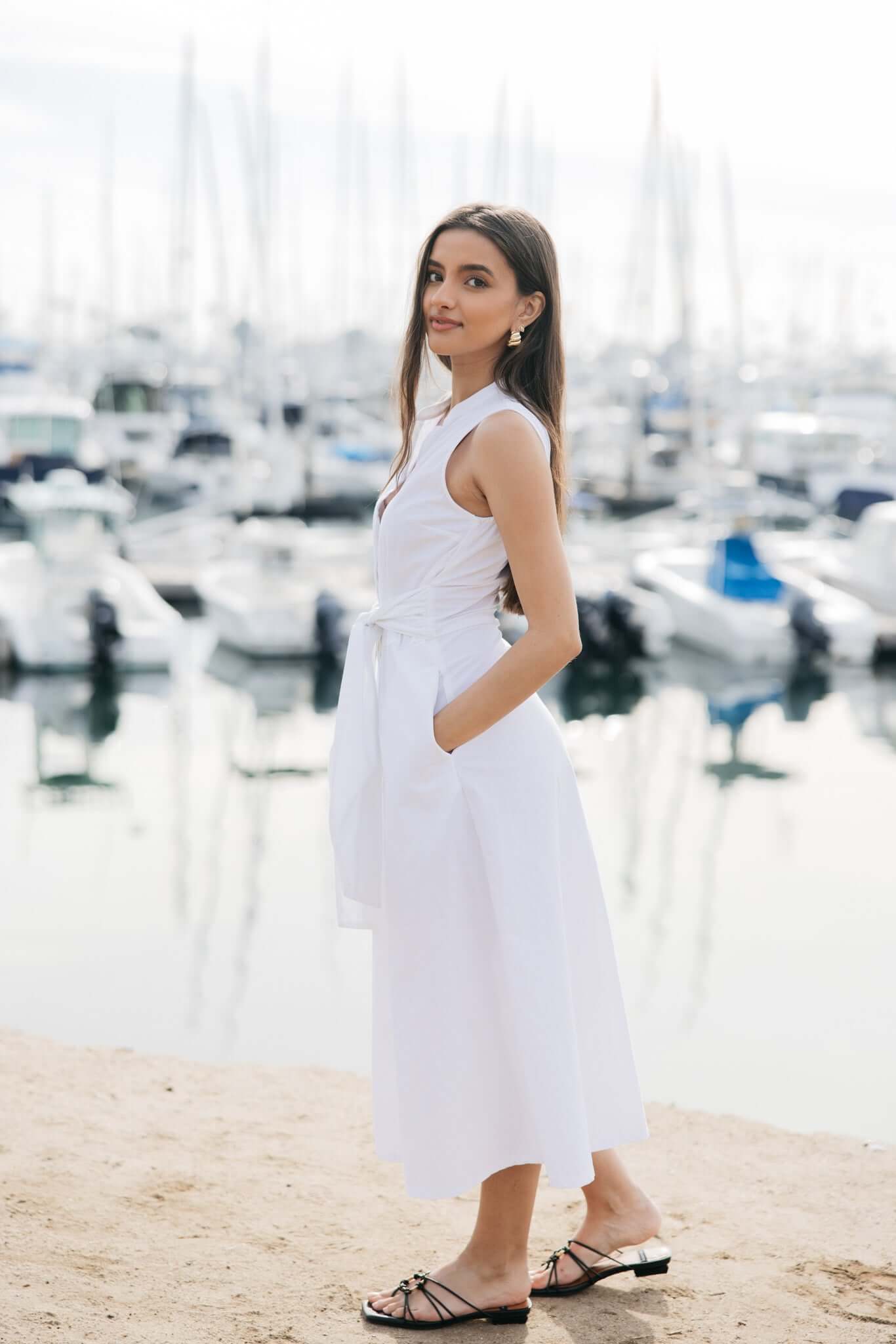 White cotton midi dress with pockets