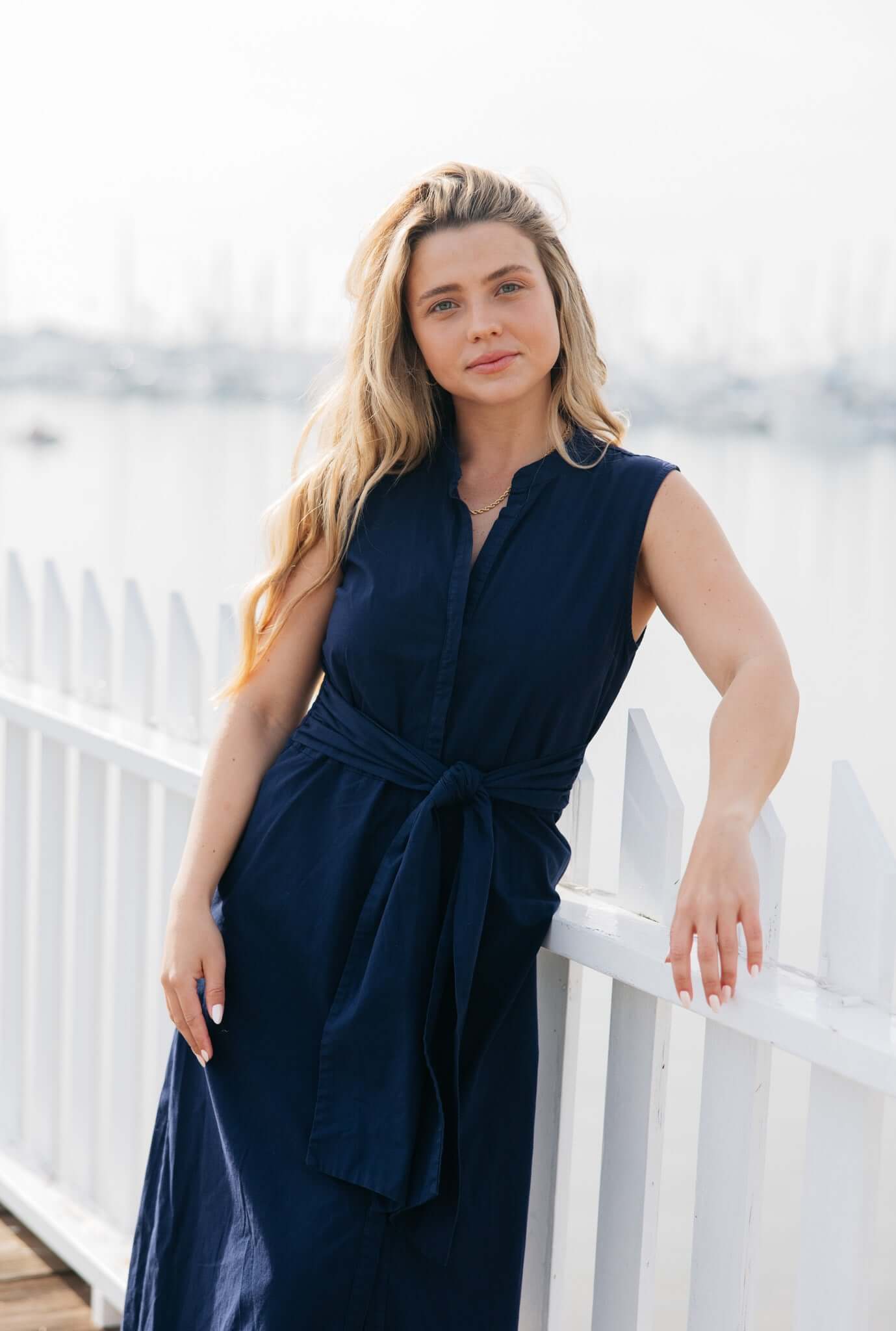Timeless navy midi dress with tie front