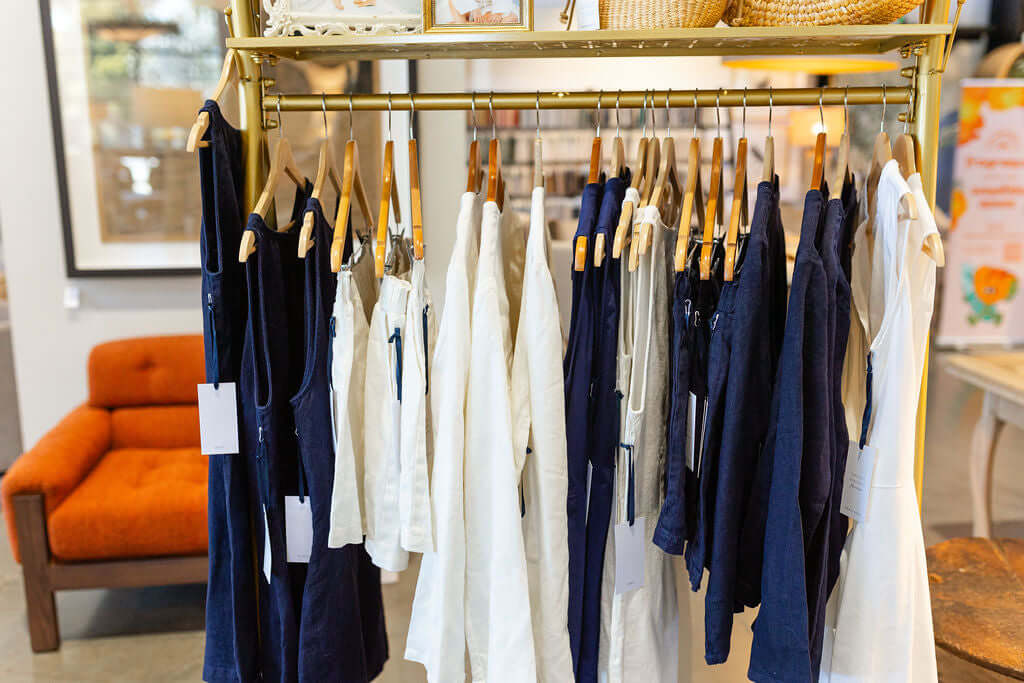 Navy and white linen dresses