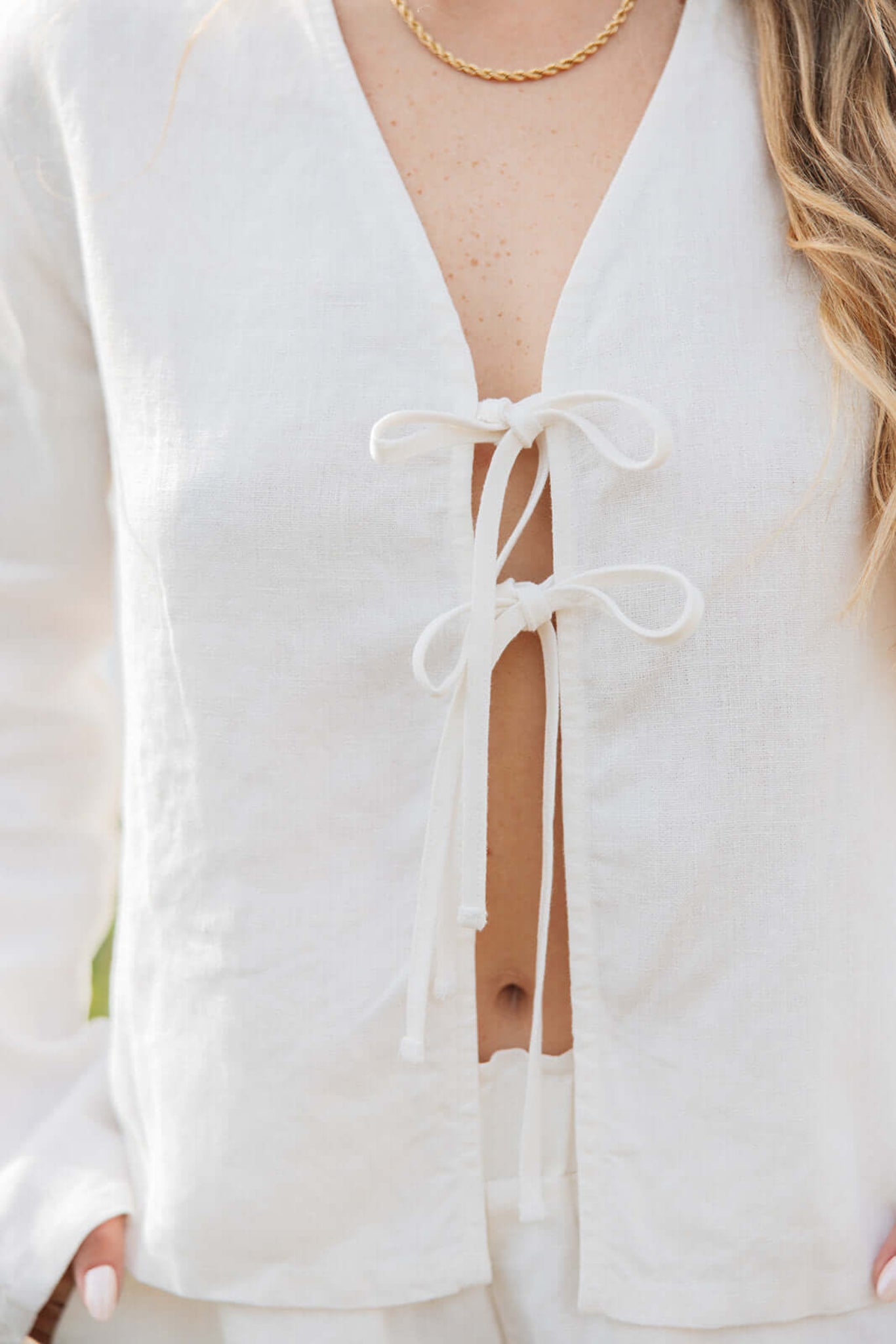 Close-up of linen texture on Keaton Tie Top | Relaxed fit and tie closure