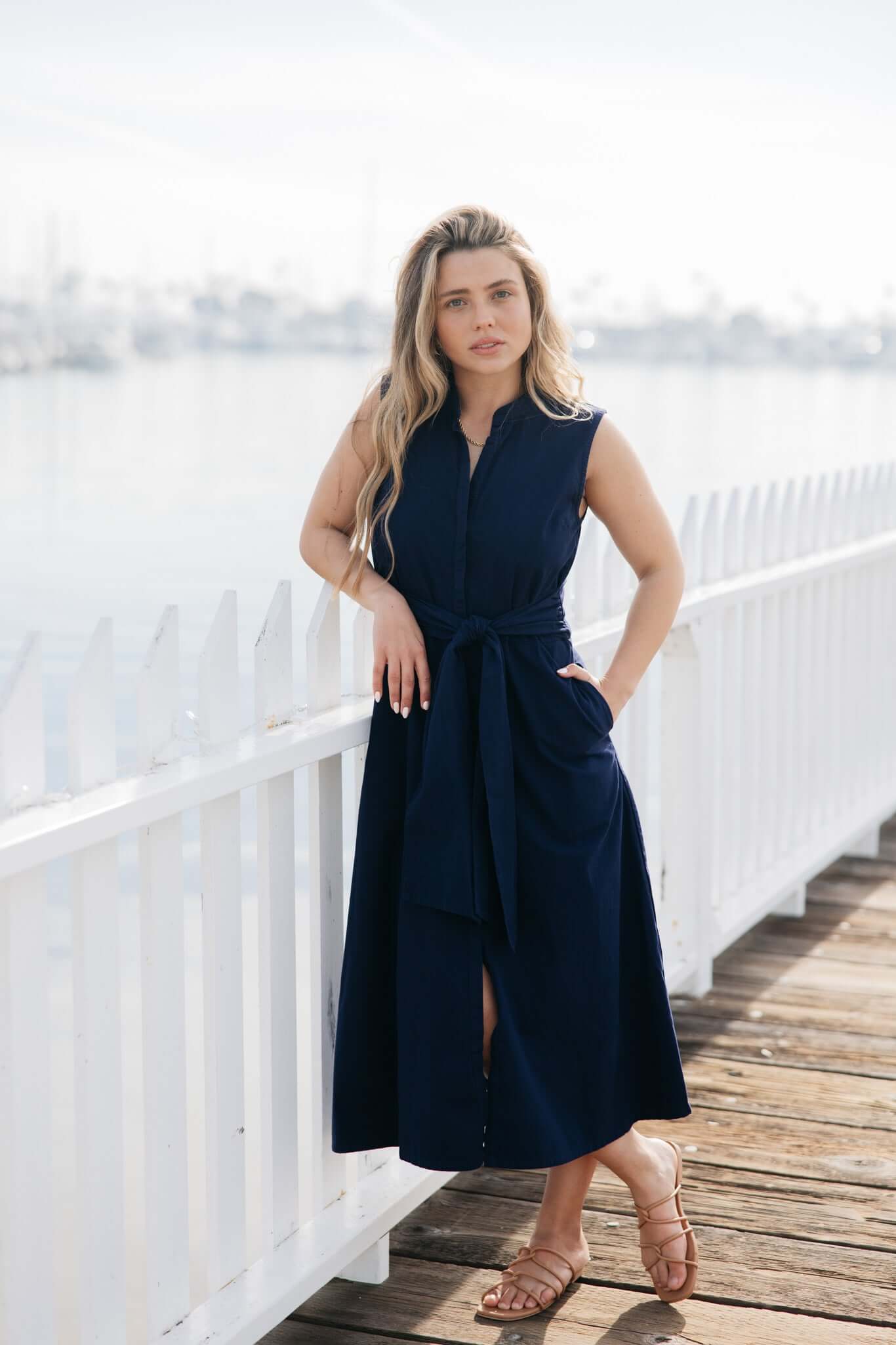 Luxury navy midi cotton dress with pockets