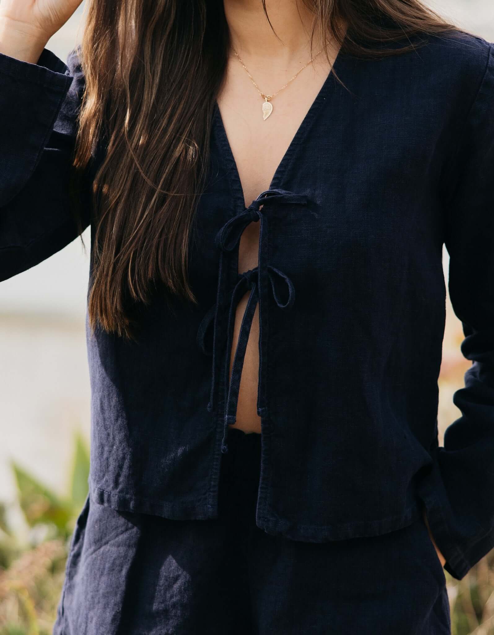 High end classic navy linen tie top