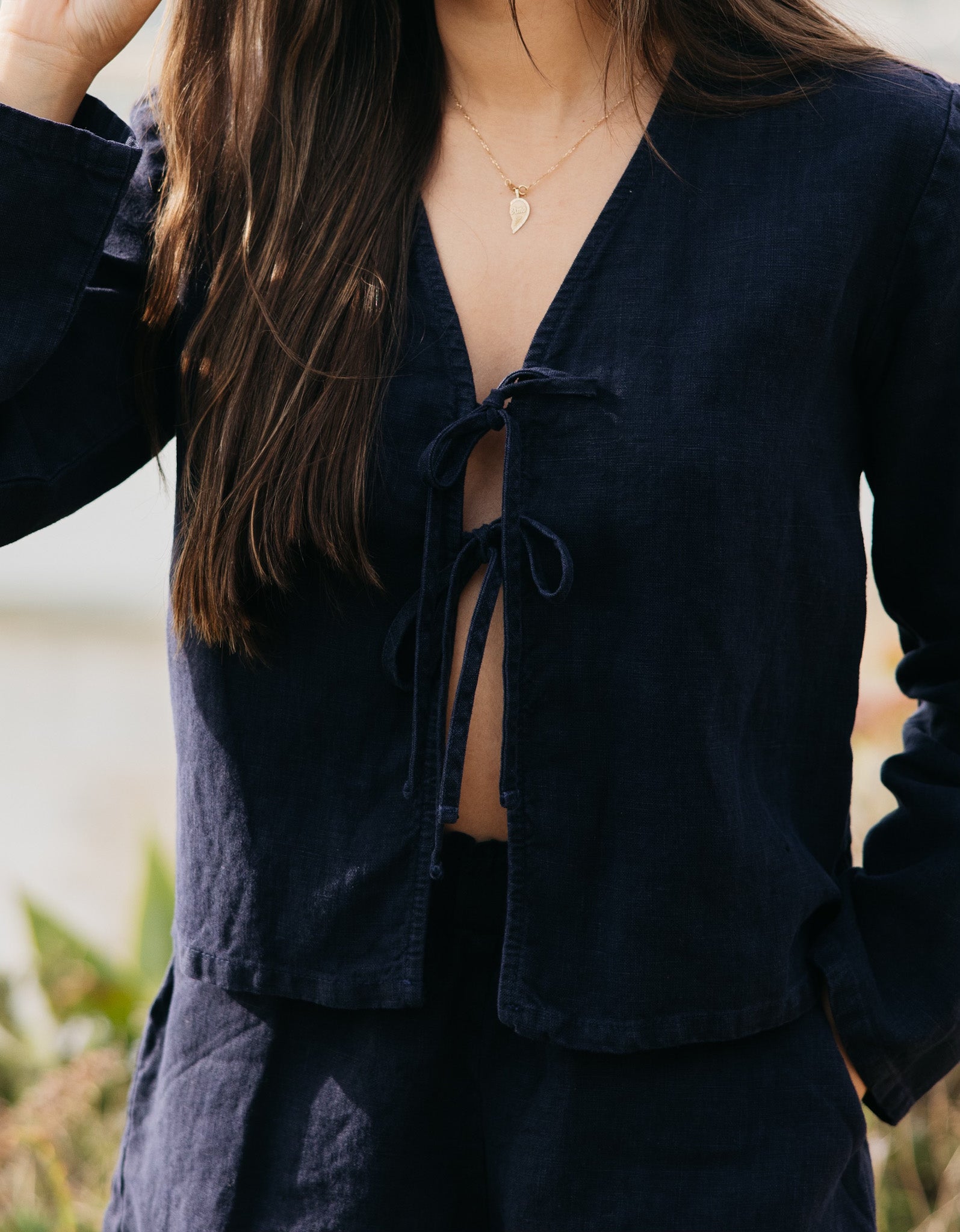 Close-up of linen texture on Keaton Tie Top | Relaxed fit and tie closure