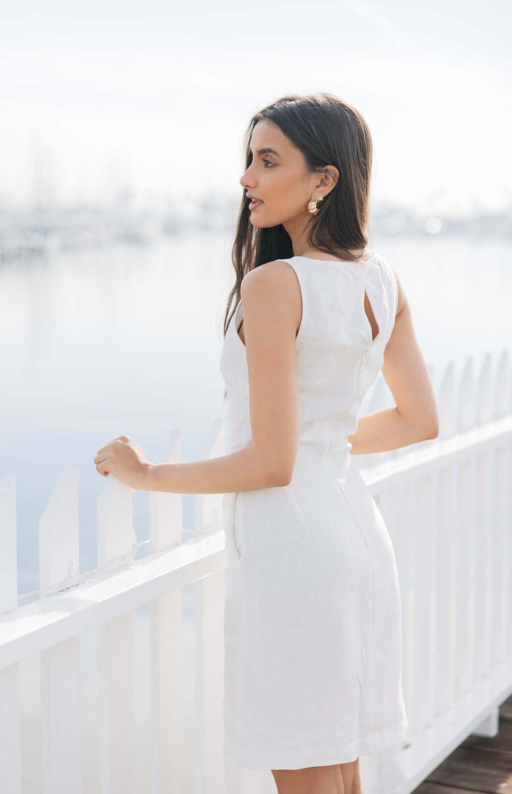 White tailored linen shift dress with keyhole back