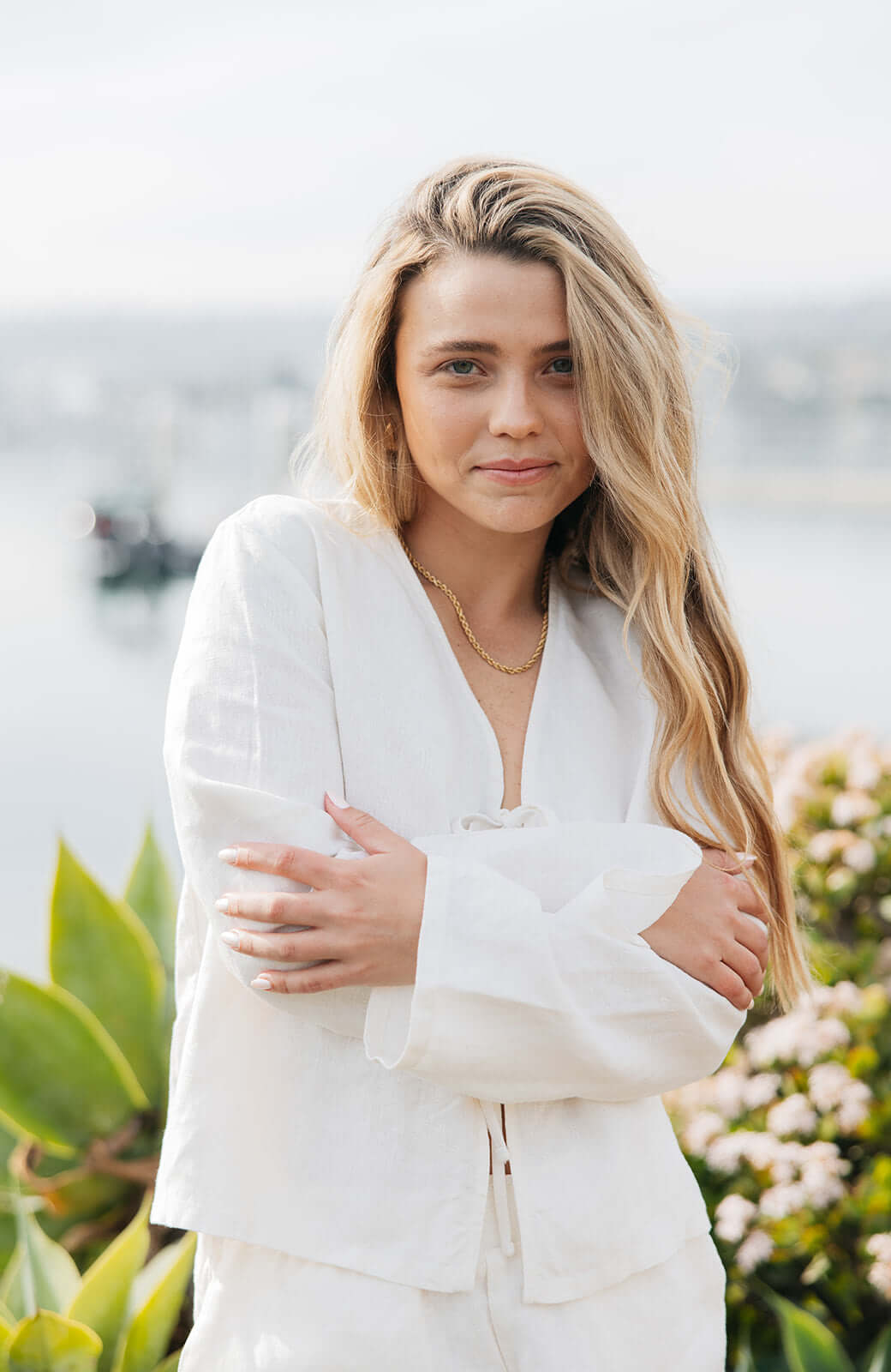 White long sleeve top with tie front