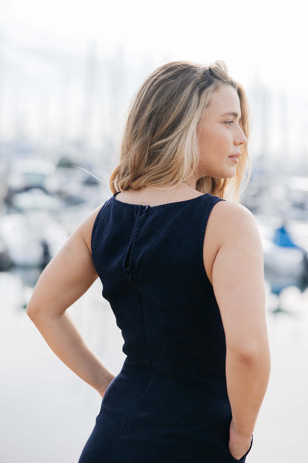 Navy shift dress with keyhole back and zipper closure