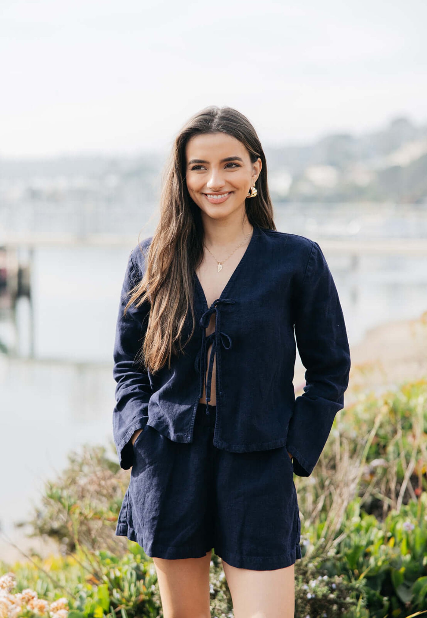 Keaton Tie Top in navy | linen | Relaxed fit, non-toxic dyes, long sleeves