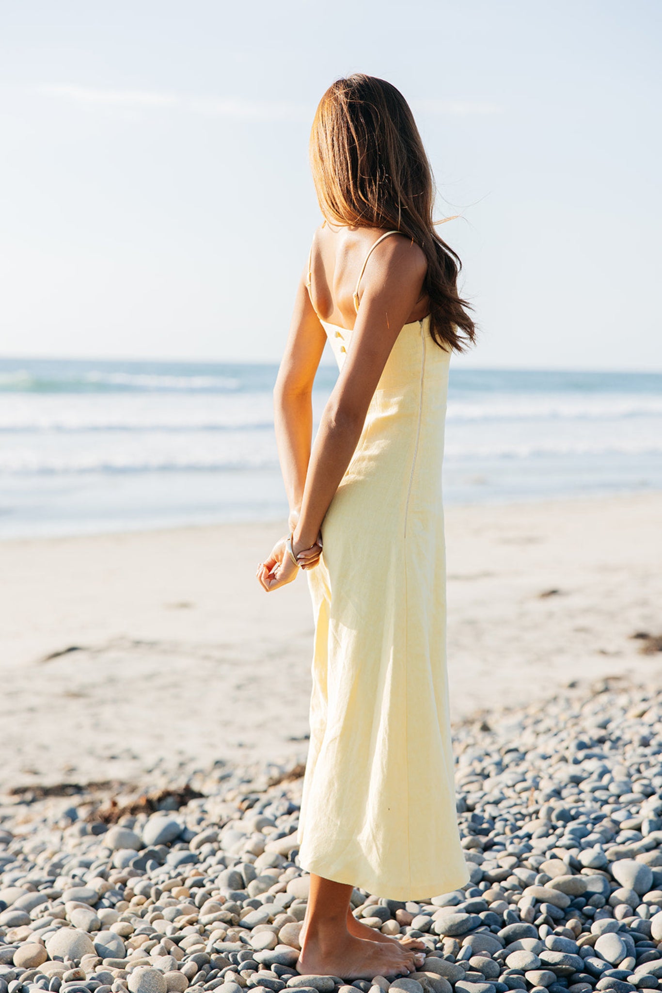 Side view of Margot Linen Maxi Dress in yellow | Tailored bodice and empire waist | linen
