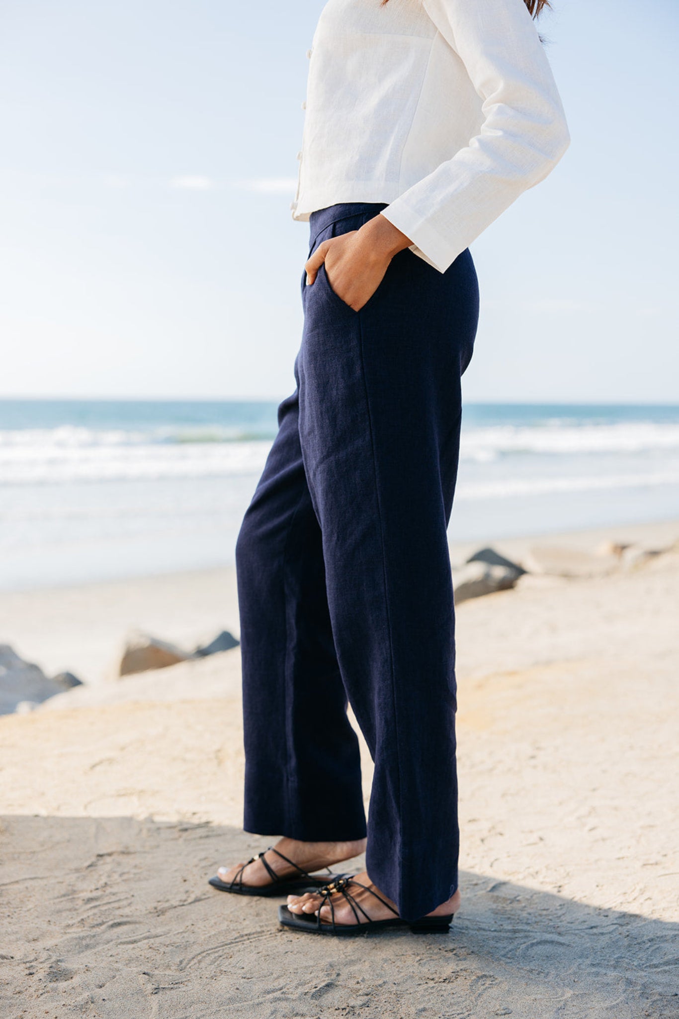 Side view of Lauren Linen Pants in navy | Tailored and relaxed fit slacks with wide hem | linen