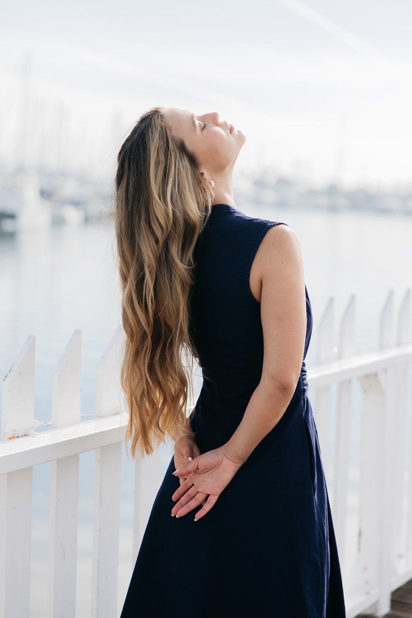 Back view of Marilyn Midi Tie Dress in navy | Classic back detail