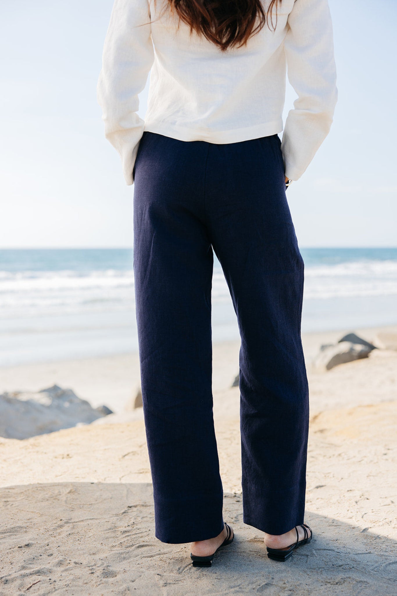 Back view of Lauren Linen Pants in navy | Non-toxic dyes on fabric