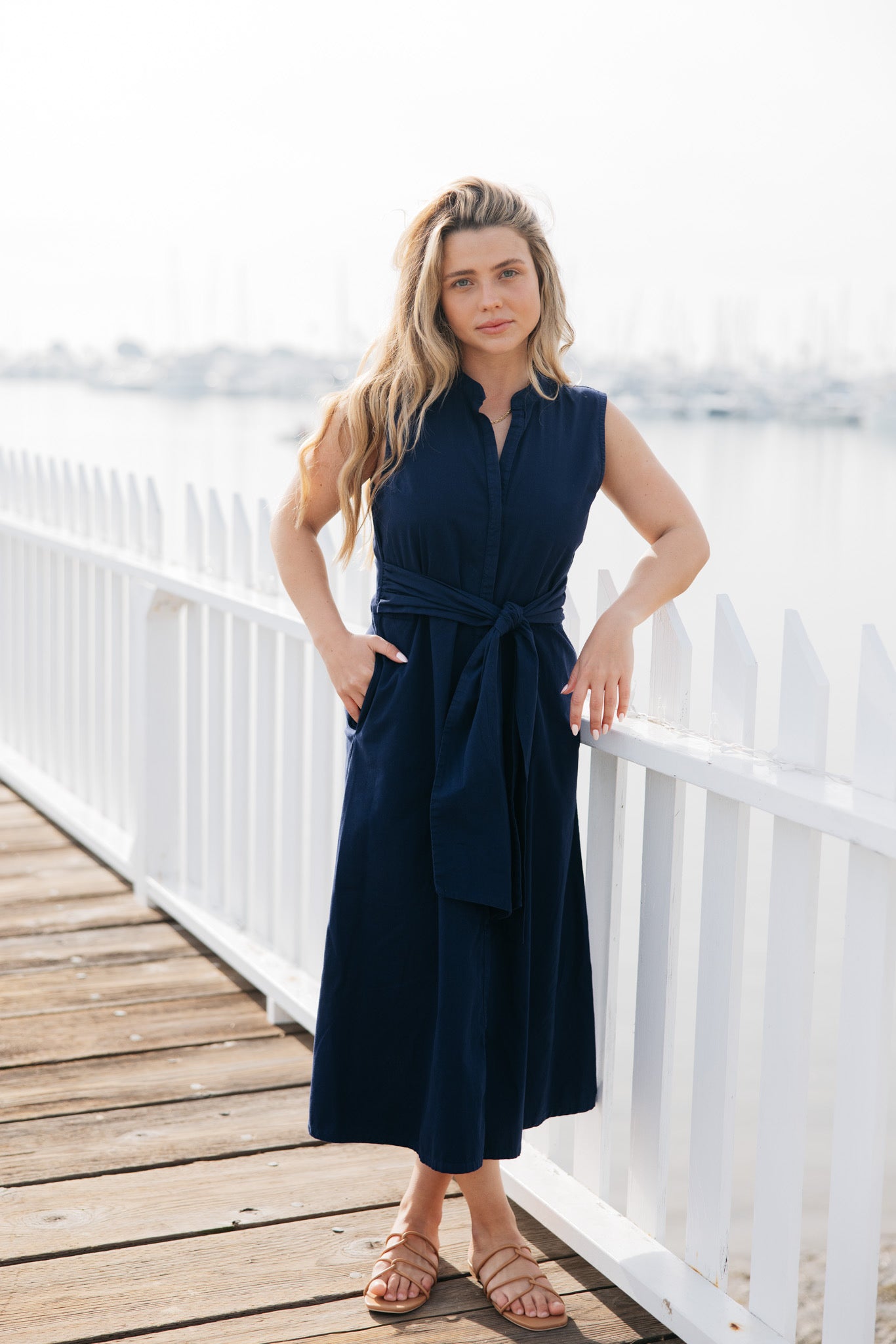 Navy cotton midi dress with tie front and pockets
