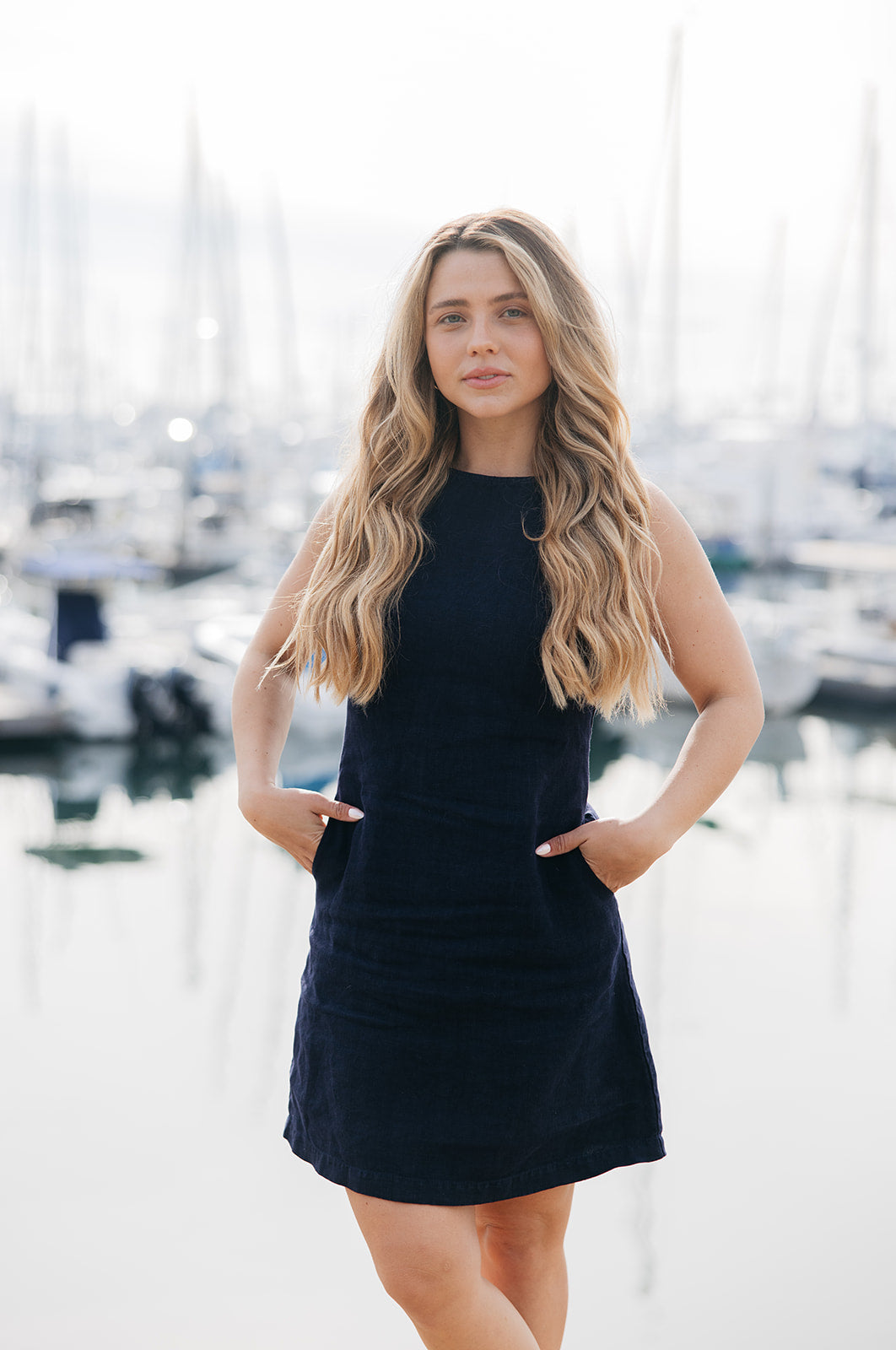 Classic style navy shift dress with pockets