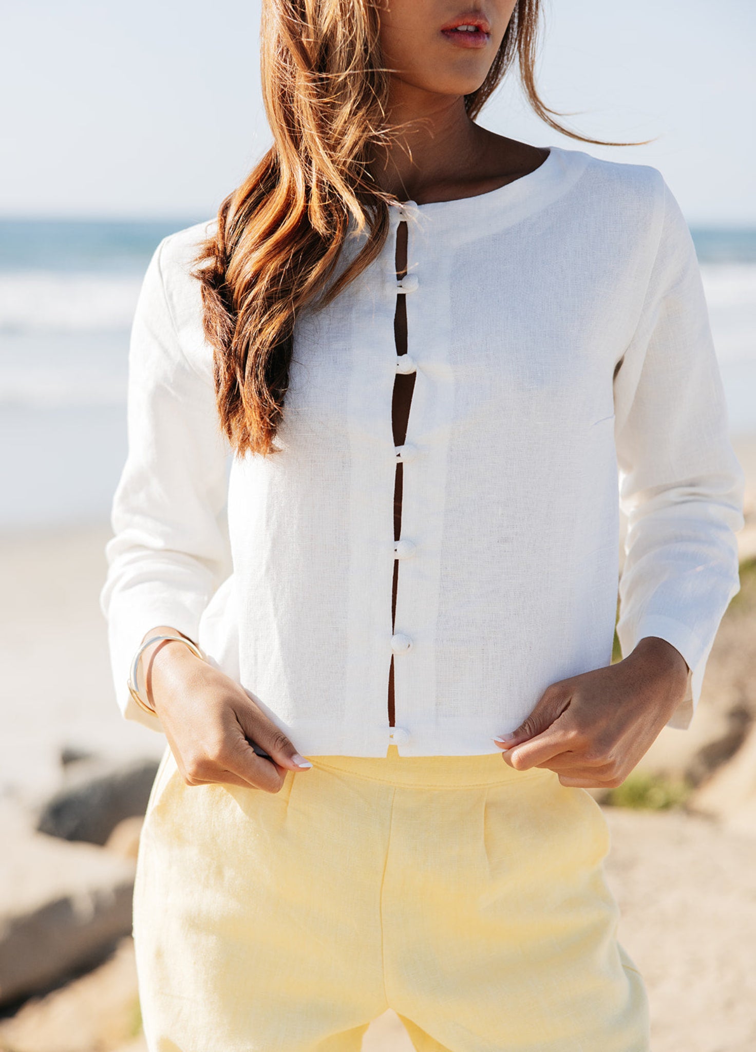 Close-up of linen texture on Bessette Linen Button Cardigan | Relaxed fit and linen button closure