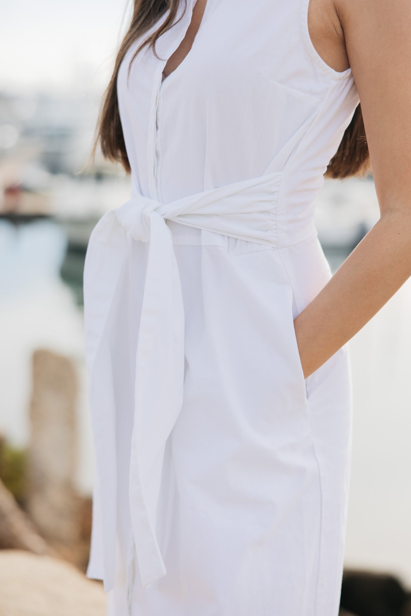 White cotton midi dress with tie front and pockets