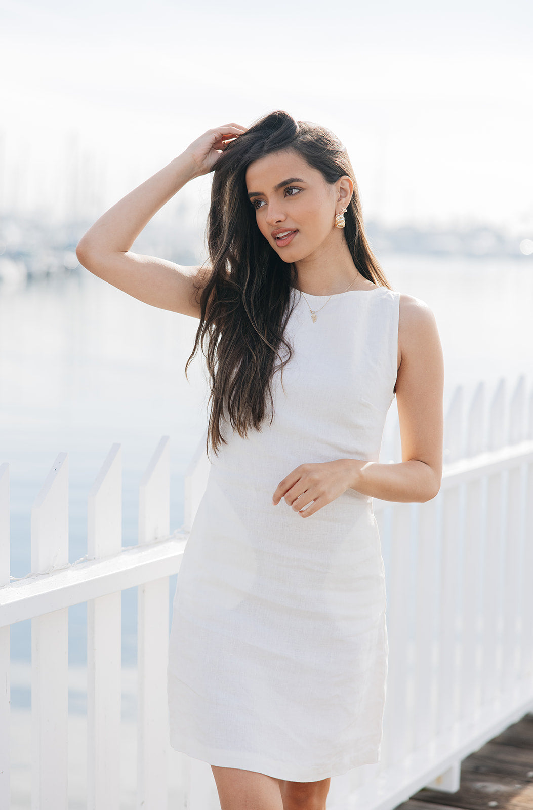 White linen shift dress with pockets