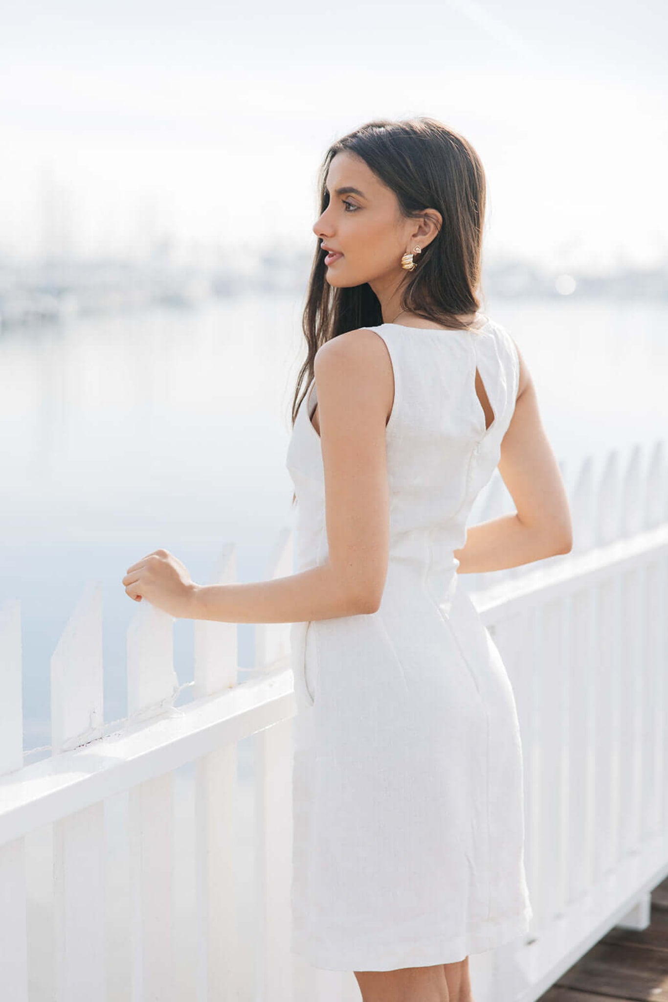 Back view of Jackie Linen Shift Dress in white | Button back detailing
