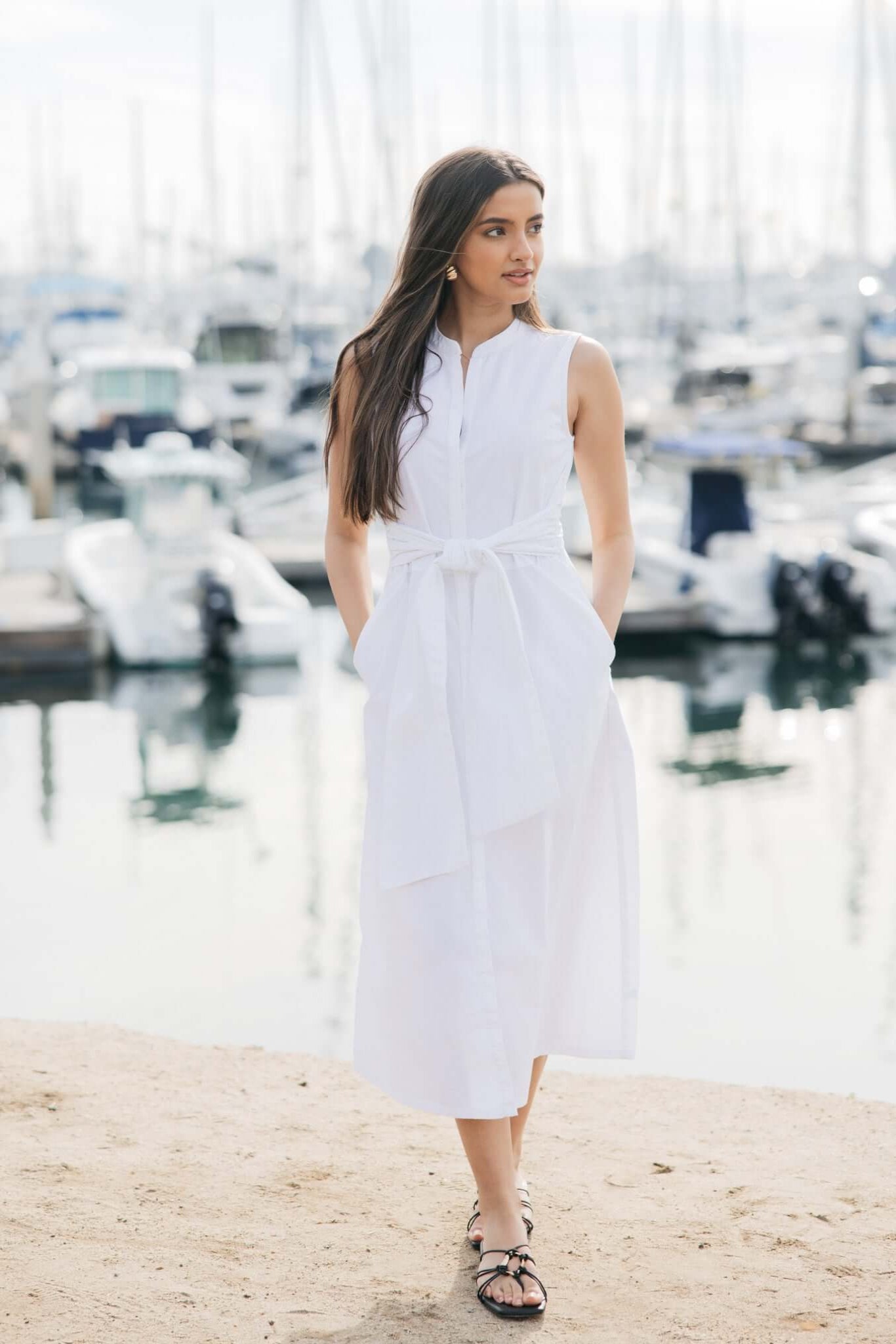 Marilyn Midi Tie Dress in white | cotton | Tie waist, hidden button closure, pockets