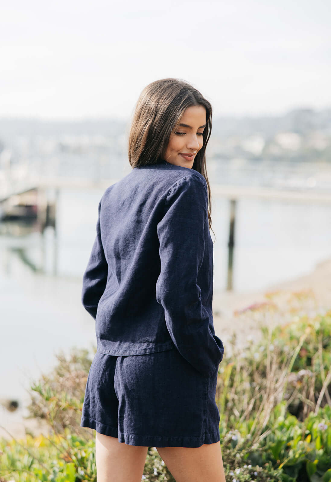 Navy linen short set with pockets