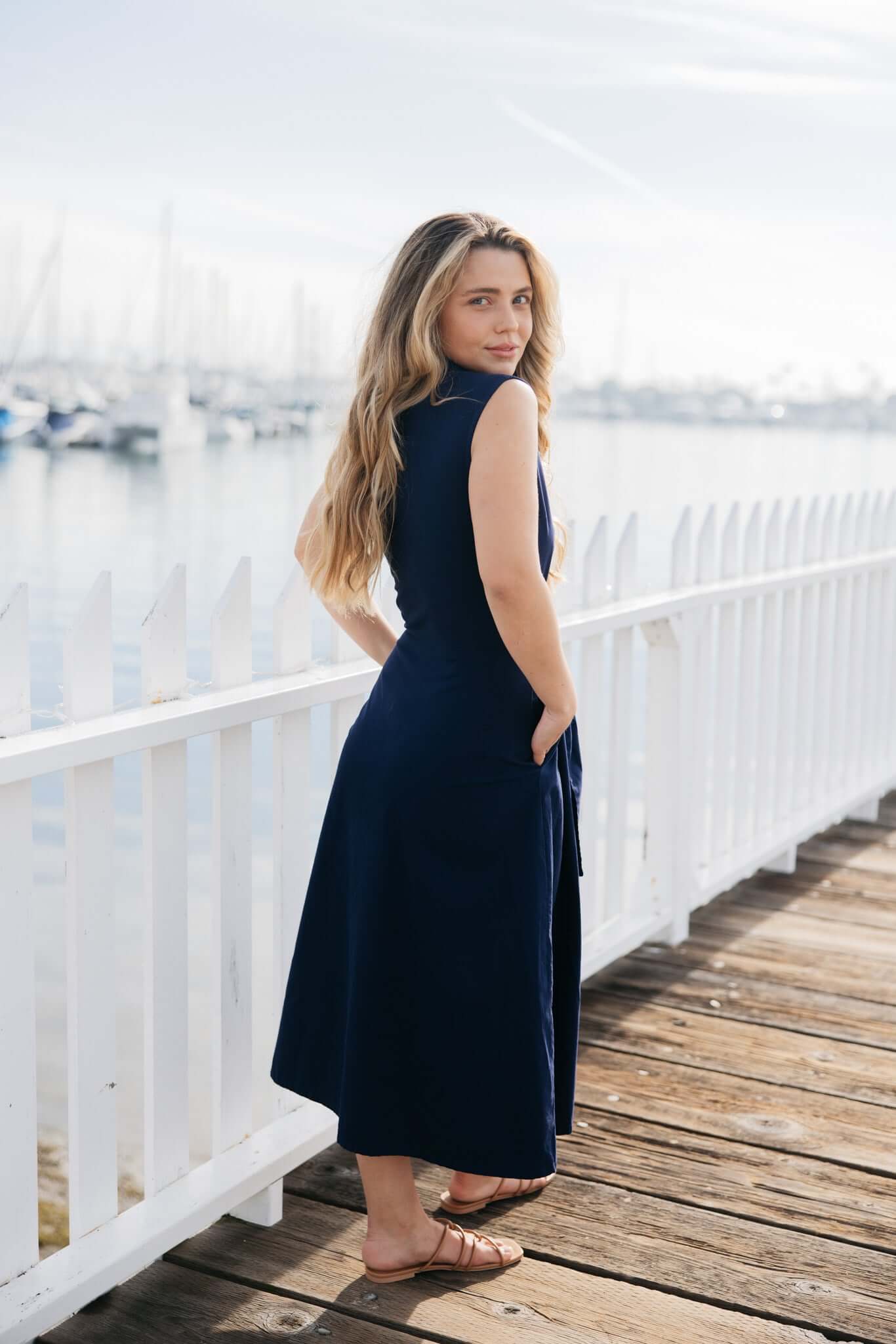 Coastal navy midi dress with pockets
