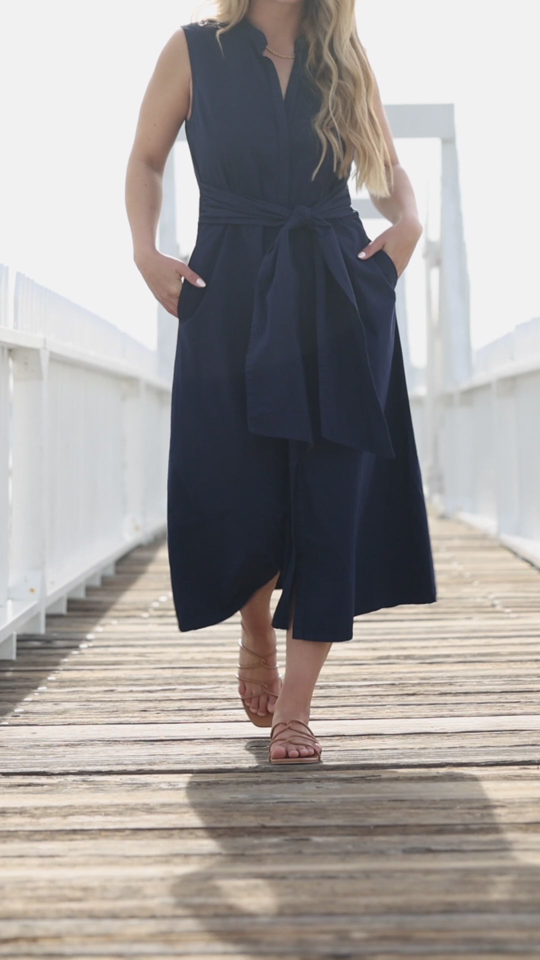 Classic East Coast style navy midi dress with tie front