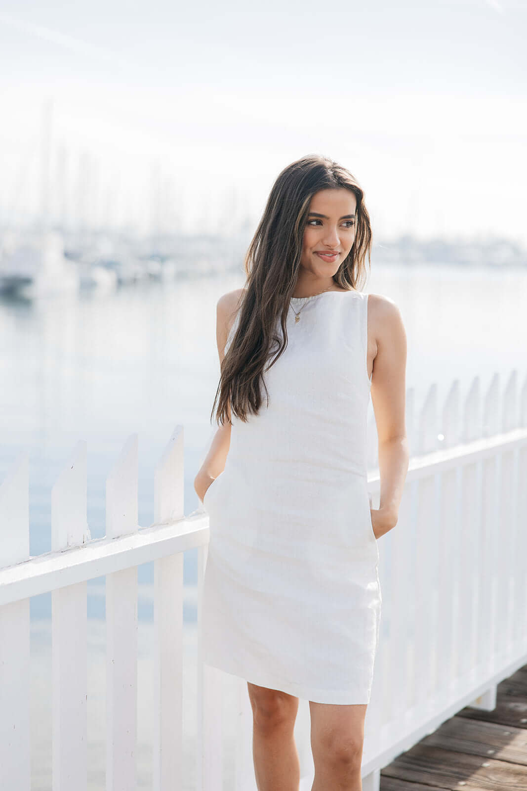 High end white linen shift dress with pockets