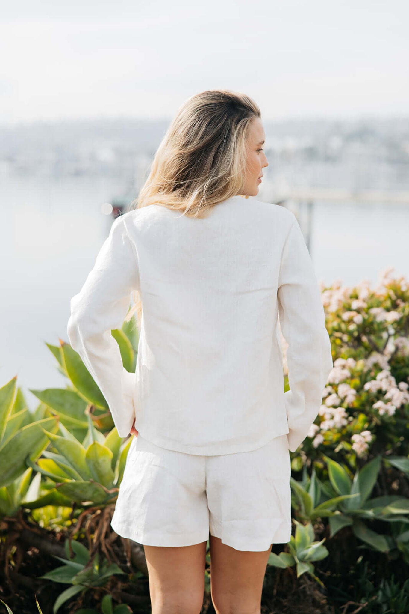 Back view of Hudson Linen Shorts in white | Elastic waist detail